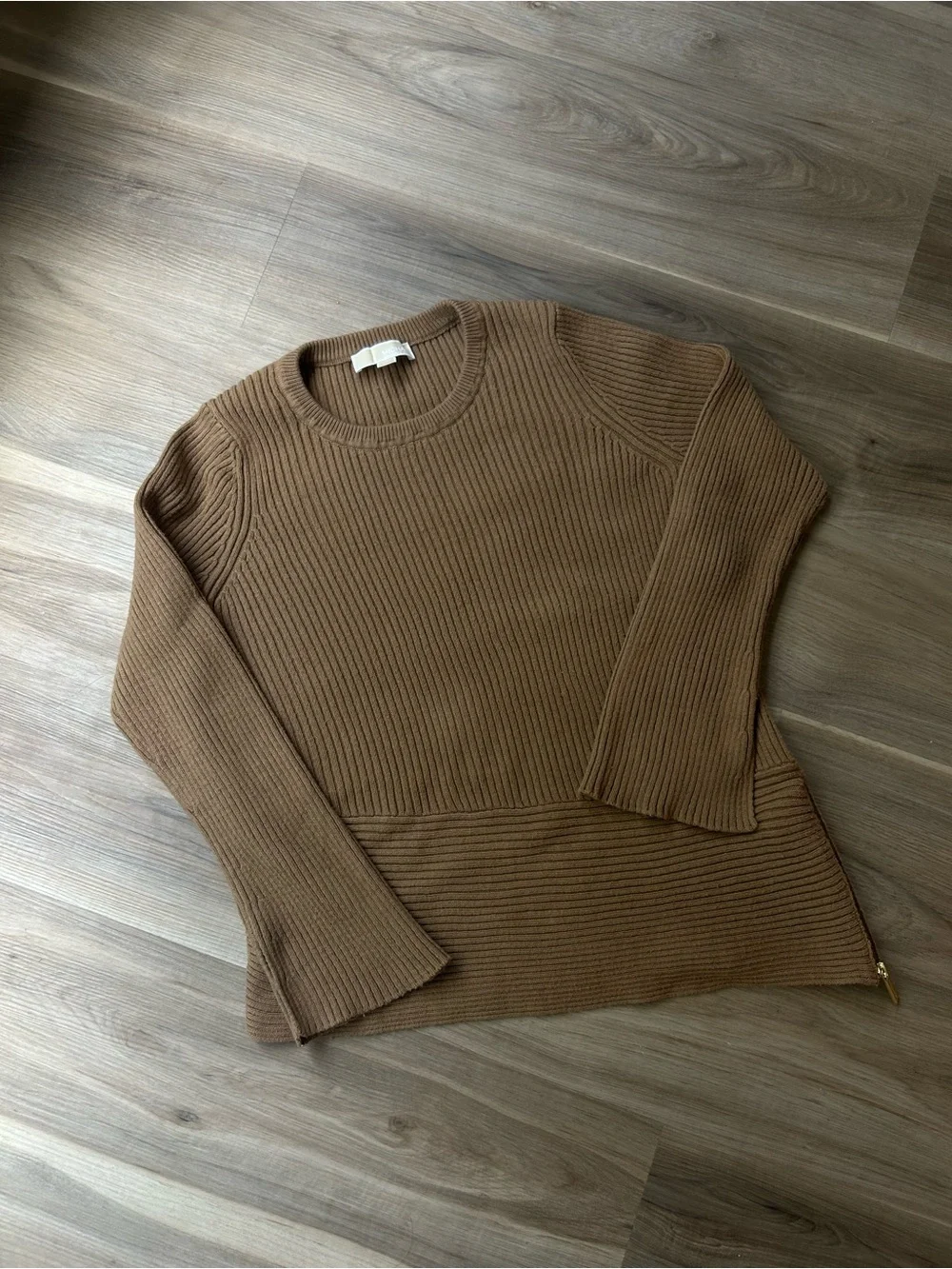 Michael by Michael Kors Brown Asymmetrical Ribbed Crewneck Sweater w zipper side